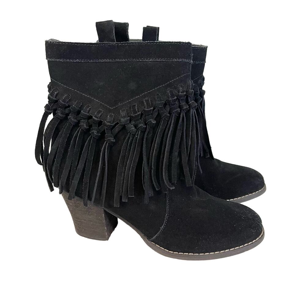 Sbicca Vintage Collection Fringe Ankle Boots 7.5 Black Leather Festival Western